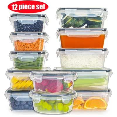12 Piece Food Storage Containers Set with Easy Snap Lids (12 Lids + 12 Containers) - Airtight Plastic Containers for Pantry