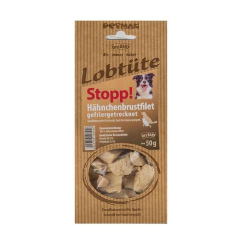 Sparpaket: 10x50g Petman Lobtüte Stopp! Hähnchenbrustfilet Hundesnacks