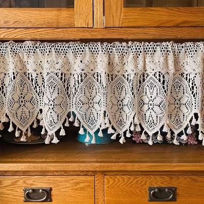 TEMU Handcrafted Beige Linen Valance With Crochet Lace & Tassels - Rod Pocket Cafe Drapery For Kitchen, Living Room, Bedroom - Lightweight Decor