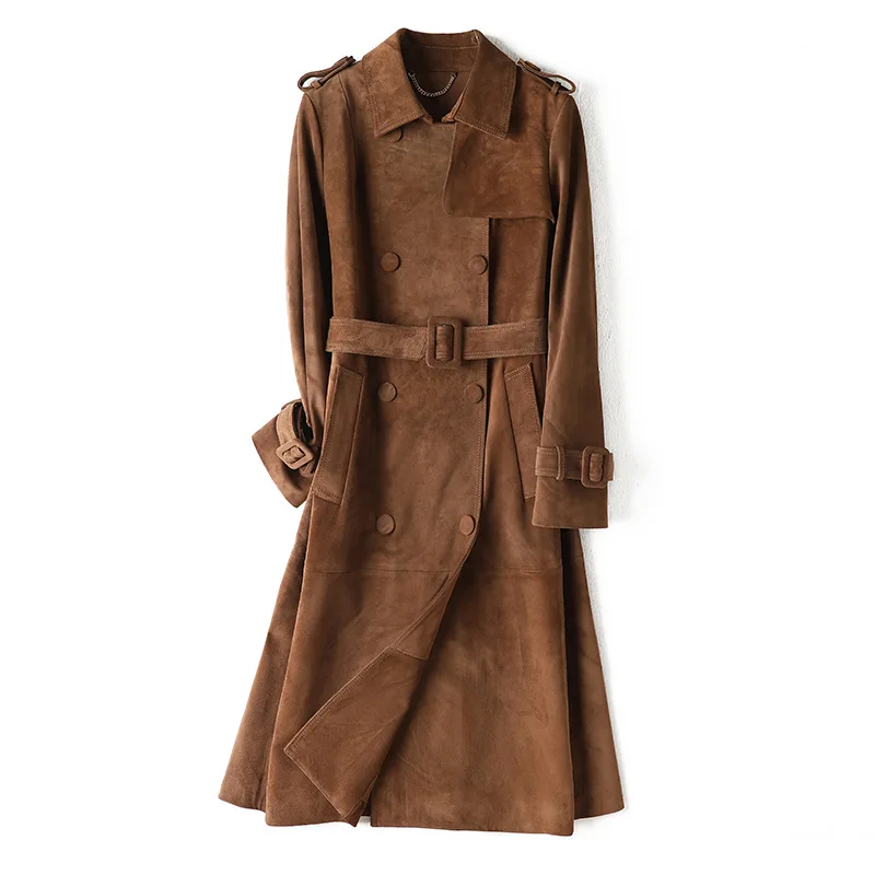 Frauen Echtes Leder Trenchcoat Vintage Erste Schicht Matt Kuh Leder Dame Klassische Zweireiher Gürtel Lange Graben Outwear