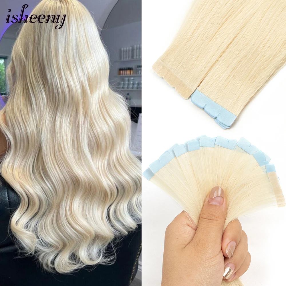 Blonde Mini-Tape-in-Echthaarverlängerungen, 30,5–61 cm, nahtloses Klebeband, Haar auf Kleber, 10 Stück/Packung, natürliches glattes Haar Image