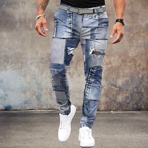 Per uomo Blocco di colori Patchwork Jeans Pantaloni Eleganti Misura del girovita medio Business Casual Formale All'aperto Abbigliamento Quotidiano Cerniera Tasca Estate Primavera Autunno Stampa 3D Blu