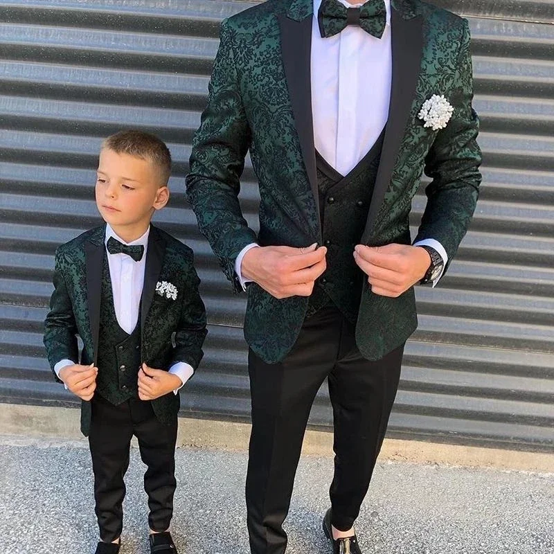 Moda padre e figlio abiti 3 pezzi slim fit jacquard matrimonio sposo smoking blazer verde ragazzi uomo casual abito da festa set personalizzato