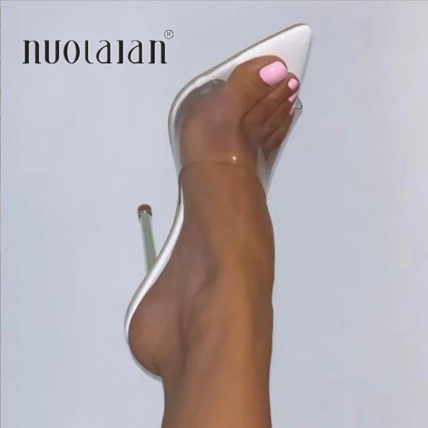 2025 moda PVC donna pompe estate punta a punta tacchi alti donna metallo tacchi a spillo sandali pantofole donna partito muli scarpe