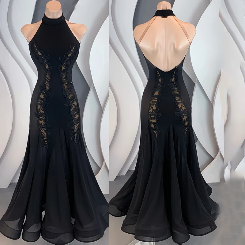 Abito da ballo latino nero donna abito da ballo latino personalizzato di fascia alta abbigliamento da spettacolo teatrale costumi da competizione per sala da ballo SL7061