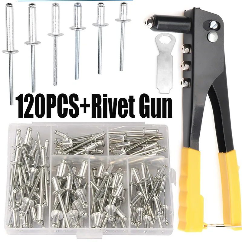 Set di rivetti per impieghi gravosi, pistola per rivetti Pop e Kit di assortimento di rivetti ciechi da 120 pezzi utensili manuali strumento per dadi per rivetti