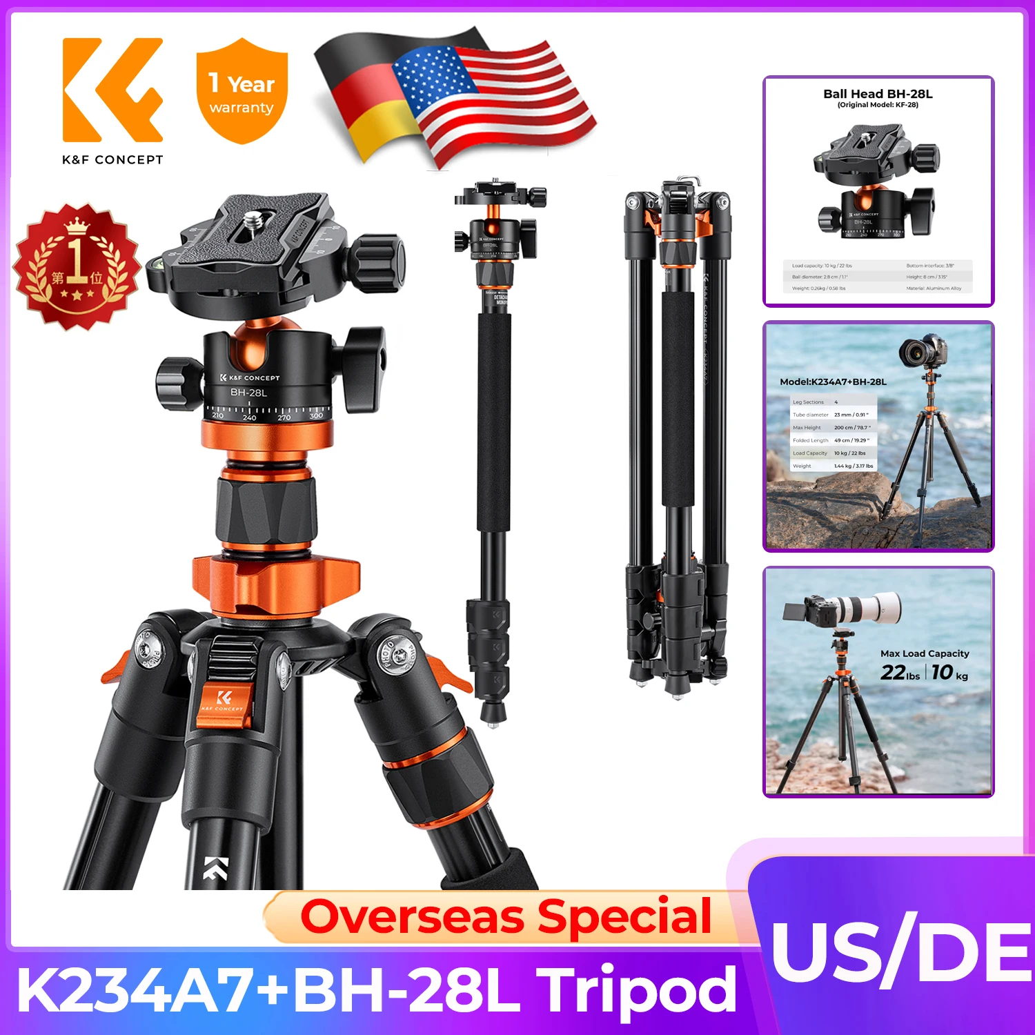 K&F Concept Treppiede per fotocamera da 78"/2 m per supporto DSLR in alluminio Carico da 10 kg Treppiede per fotocamera Vlog Monopiede con testa a sfera da 360 gradi da viaggio