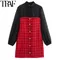 TRAF Plaid rosso abito da donna in Chiffon nero abiti corti donna manica lunga Mini abito donna