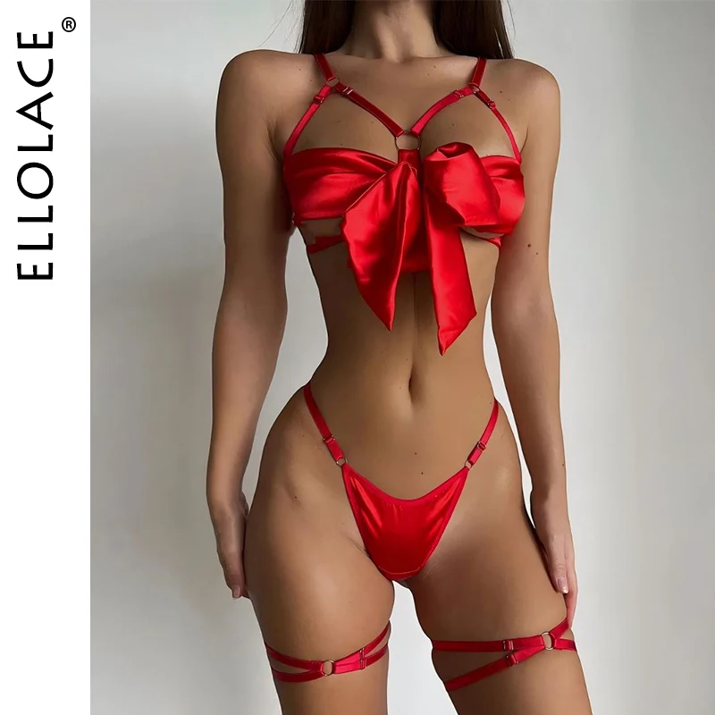 Ellolace Bowknot Lingerie Soutien-Gorge Ouvert À Lacets Sous-Vêtements Sexy 3 Pièces Satin Tenue Érotique Jeunes Filles Sans Censure Bilizna Ensemble De Sexe