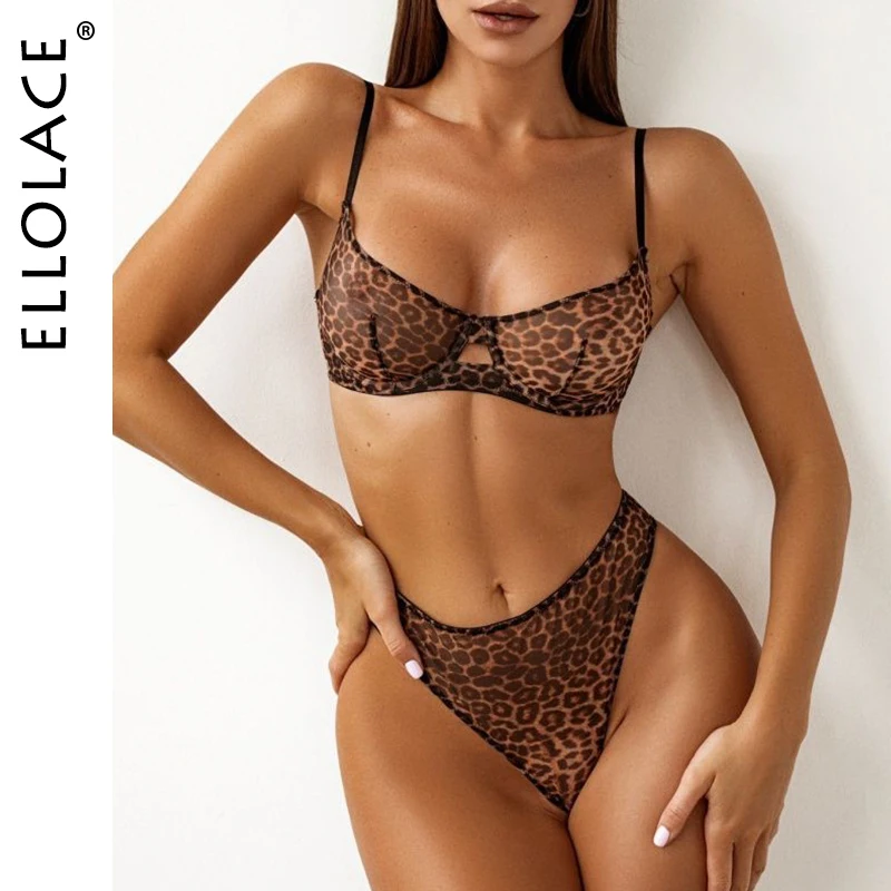 Ellolace Leopard – Ensemble de lingerie pour femmes, soutien-gorge et culotte en dentelle fine, 2 pièces, sous-vêtements sexy et transparents pour femmes