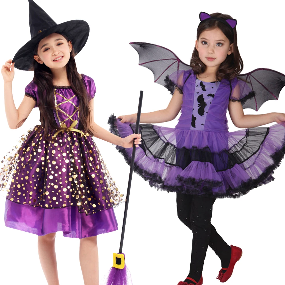 Halloween Kinder Cosplay Hexe Kleiner Teufel Süßes oder Saures Kostüm Kleidung Kleid mit Zaubererhut Halloween Eve Dress Up Image