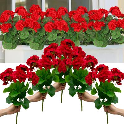 TEMU 5 Red Artificial Geranium Bouquets - Beautiful Flowers For Indoor & Outdoor Gardens, Courtyards, Cemeteries, Central Vase , Wedding Bridal And Holiday Party Decorations, Winter, New Year