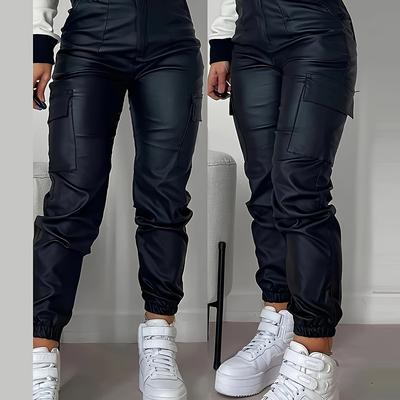 TEMU Coated Solid Colour Stretchy Black Color Multi-pocket Cargo Trousers Denim Pants, Women's Denim Jeans & Clothing Y2k Pu