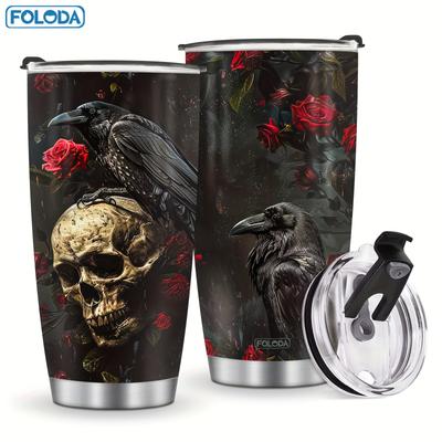 TEMU Foloda & Stainless Steel Tumbler 20 Oz - Reusable, Bpa-free Gothic Travel Mug With Lid, Hand-wash Graphic Coffee Cup, Ideal For Halloween, Christmas, Valentine's, Father's Day & Day Of The Dead