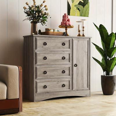 TEMU Farmhouse 4 Drawers Dresser For Bedroom, Large Chest Of Drawers With 2-tier Door Cabinet, Storage Dressers Organizer For Bedroom, Living Room, Hallway, Gray