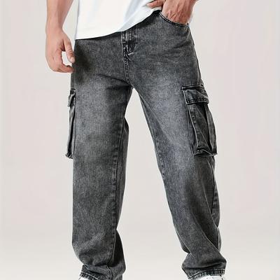 TEMU 1pc Men' Solid Color Cargo Jeans, 78% Cotton 20% Polyester 2% Rayon, Non-stretch Woven Fabric, Regular Fit Denim Pants