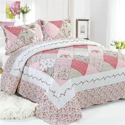 Shredded Plaid Cotton Quilt Bedspread Set, Patchwork Blanket, American Bedspread, Home Bedding, 3Pcs