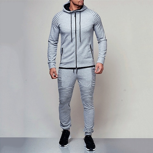 Herren Trainingsanzug Jogginganzug Kordelzug Tasche Einfarbig Jacke und Jogginghose Sportbekleidungsset Frühling Herbst Dunkelgrau Schwarz Fitnesstraining Joggen Laufen Weich Atmungsaktiv Langarm Image