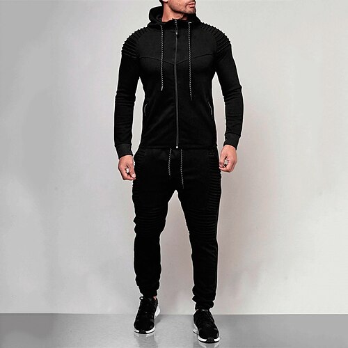 Herren Trainingsanzug Jogginganzug Kordelzug Tasche Einfarbig Jacke und Jogginghose Sportbekleidungsset Frühling Dunkelgrau Schwarz Fitnesstraining Joggen Laufen Weich Atmungsaktiv Langarm Sport Image