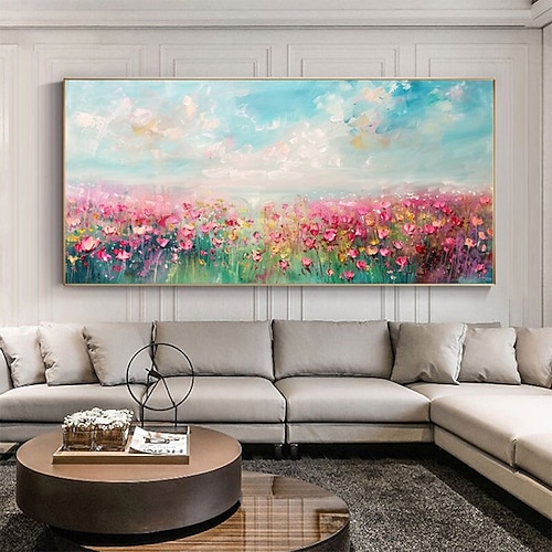 Sandiges Meeresufer Blumen blauer Himmel handgemaltes Wanddekor Wohnzimmer Acryl abstraktes Ölgemälde Bürowandkunst Strukturgemälde kein Rahmen Image