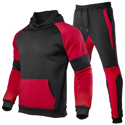 Herren Trainingsanzug Jogginganzug Kordelzug Tasche Farbblock Kapuzenpulli und Hose Sportbekleidungsset Frühling Schwarz Rot Fitnesstraining Joggen Laufen Weich Atmungsaktiv Langarm Sport Image