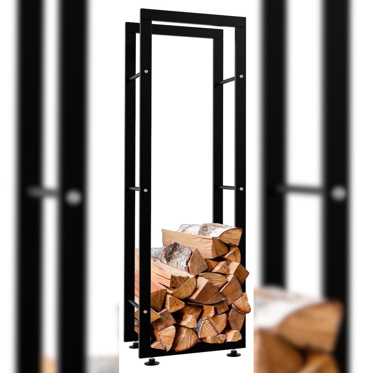 DELUKE® Kaminholzregal innen Metall SATLO für Feuerholz Brennholzregal innen Kaminholzständer Kaminholzhalter Feuerholzregal Schwarz, 25x40x125cm Image