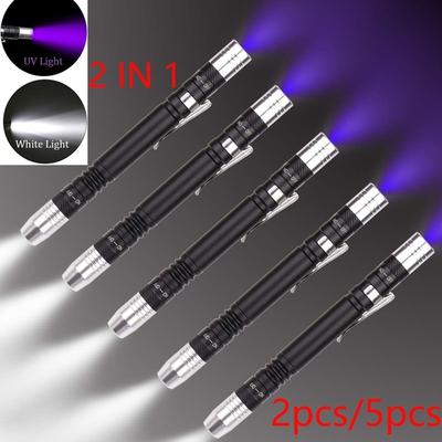 2/5Pcs Pen Light Detector Torch Ultra Violet Torch White Purple For Test Mini Pen Uv Flashlight 395Nm 2 In 1 Uv Flashlight Led Penlight Blacklight 2 Light Source