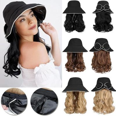 1Pc Sun Hat With 18Inch Long Wavy Hair Extension Wide Brim Bucket Hat Bow Attached Curly Synthetic Hairpiece Adjustable Chin Strap Cap Wig For Women Beach Vacation/ Birthday Gift/ Daily