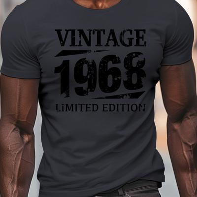 TEMU Men' 1968 Print T-shirt - Black Crew Neck, Short Sleeve, Lightweight Polyester Top For Summer, Casual Staple| Print Top|smooth Lightweight Tee Image