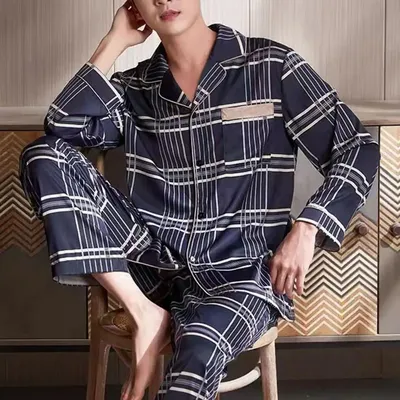 2 teile/satz Männer Herbst Winter Pyjamas Set Turn-Down-Kragen Einreiher lose weites Bein elastische Image
