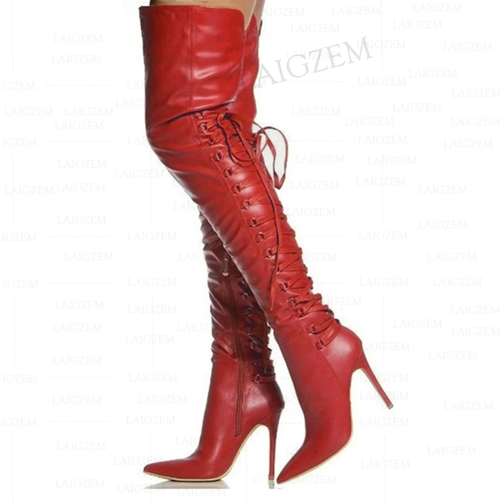 DOHBANER Frauen Über Knie Hohe Stiefel Seite Zip Stiletto High Heels Faux Leder Hohe Stiefel Lace Up Schuhe Frau Große größe 40 43 47