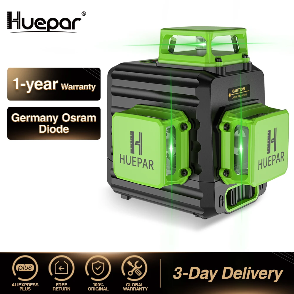 Huepar B03CG 12-Linien-Laser-Nivelliergerät, selbstnivellierend, hohe Helligkeit, grüner horizontaler und vertikaler Kreuzlinienlaser mit Hartschalenkoffer Image