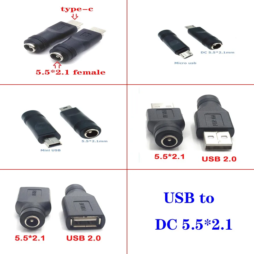 DC-Buchse, Stromanschluss, 5,5 x 2,1 mm, auf USB 2.0-Stecker, Mikro-Mini-Typ-C-Stecker, 5 V-Stecker, Konverter-Adapter für Laptop Image