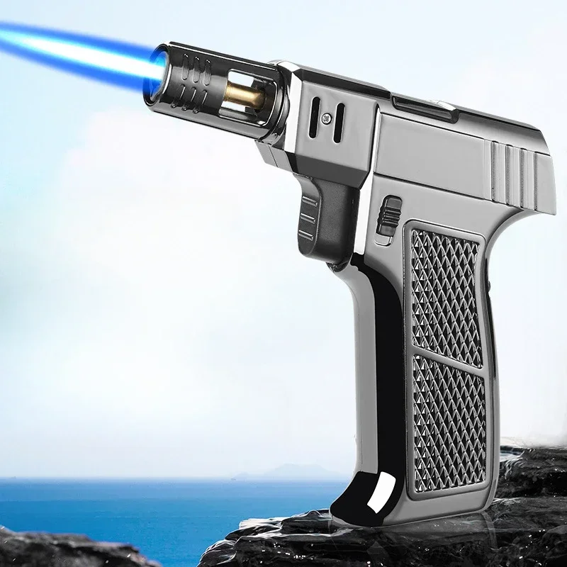 Neue Metall Winddicht Butan Gas Feuerzeug Blaue Flamme Hohe Feuer Handheld Turbine Taschenlampe Tragbare Zigarre Leichter Küche Schweißen Werkzeug Image