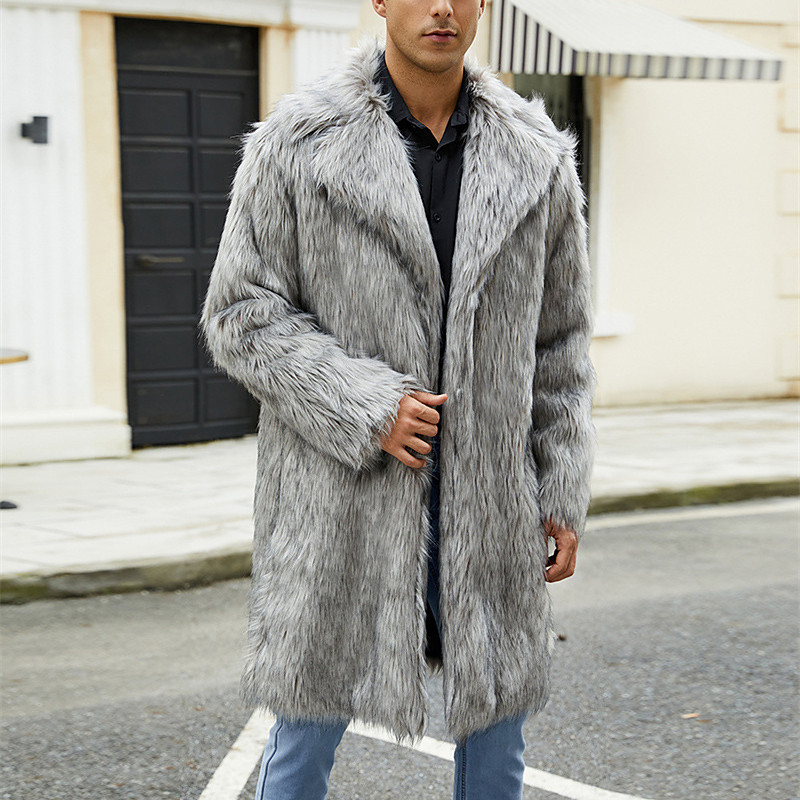 Men's Winter Jacket Fleece Jacket Faux Fur Coat Daily Vacation Thermal Warm Pocket Fleece Fall Winter Leopard Print Fashion Streetwear Lapel Long White Brown Light Grey Jacket