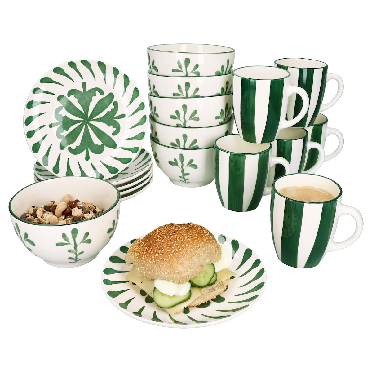 18tlg Frühstücksset Tanne grün Steingut 6 Personen Teller Schale Becher Zweige Image