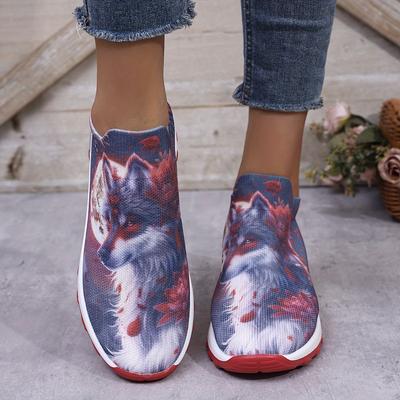 TEMU Breathable Women's Slip-on Sneakers With Wolf Print - Lightweight, Comfortable Walking