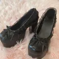 Décolleté con plateau con nodo a fiocco in pizzo nero scarpe con punta tonda in pelle opaca per donna scarpe Sexy con tacco alto grosso 2024 Zapatos Para Mujere