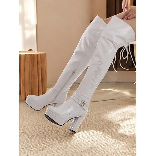bottes à plateforme hautes en similicuir verni pour femmes - design élégant au-dessus du genou avec talons blocs et détails de boucle, idéales pour les fêtes et les déclarations de mode