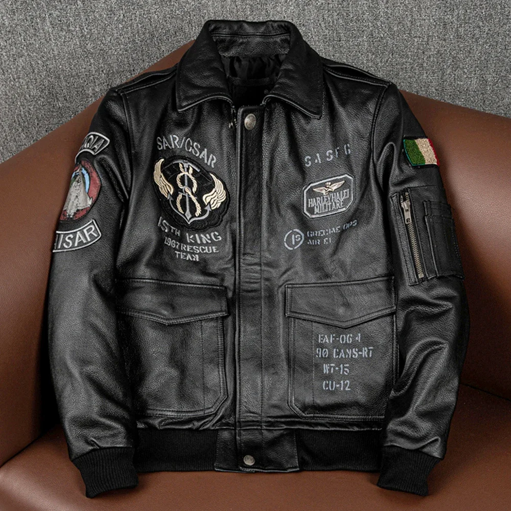 2025 Giacca in vera pelle da uomo nuova primavera ricamo bomber pelle bovina giacca aeronautica cappotto in pelle da motociclista A2 abbigliamento da motociclista
