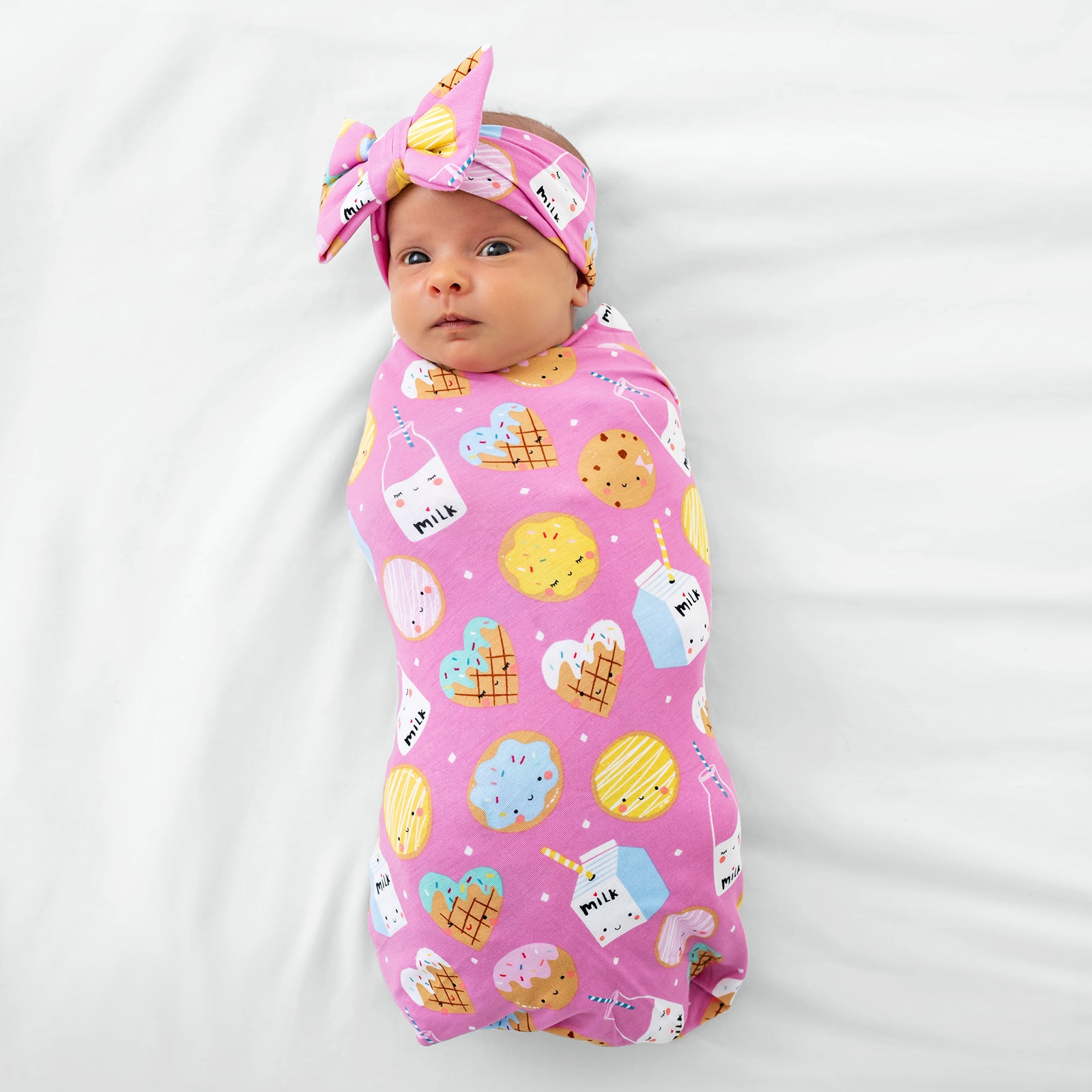 Pink Cookies & Milk Swaddle & Luxe Baby Girl Soft & Stretchy Bamboo Bow Headbands Set - OSFA