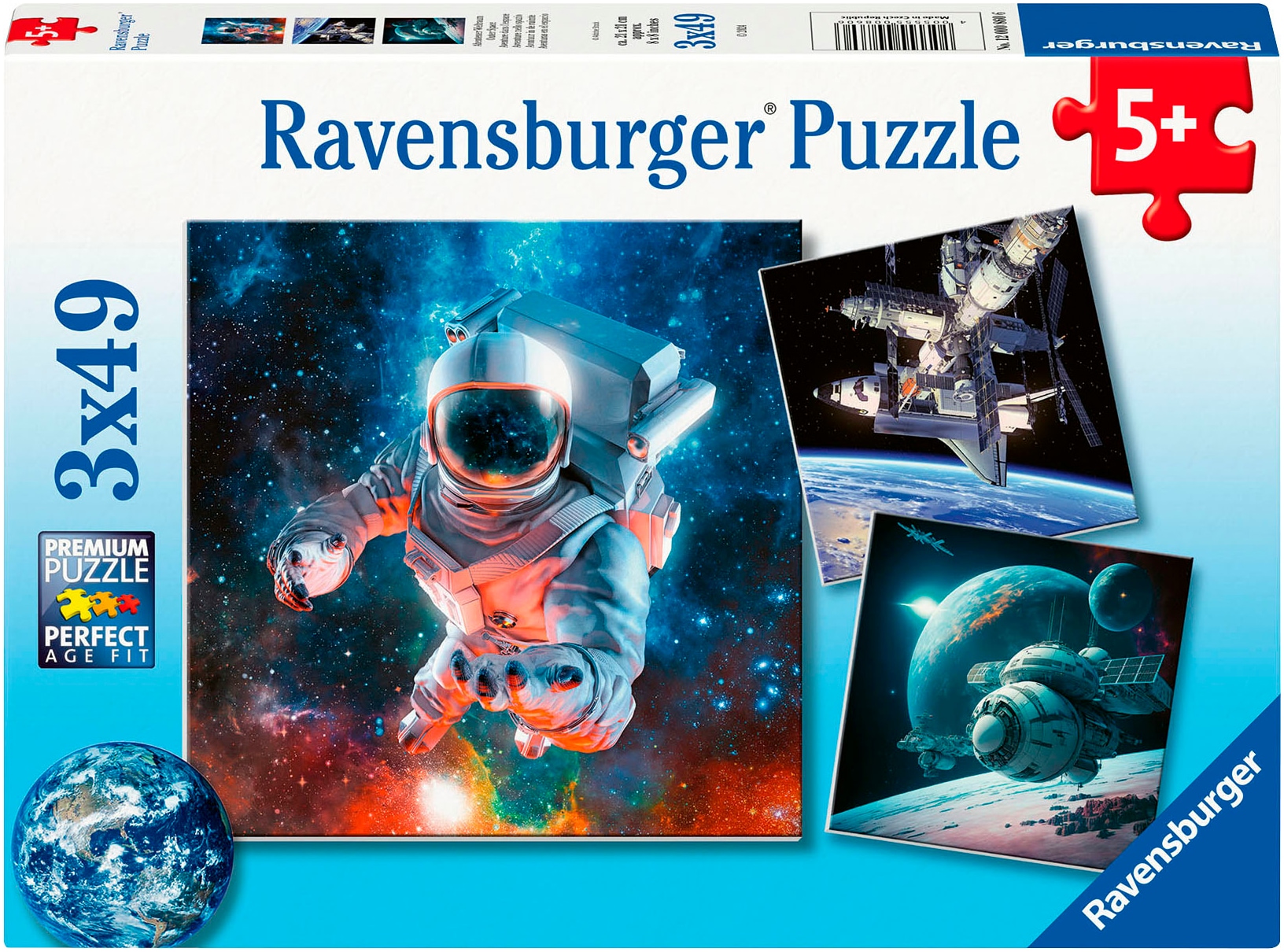 Puzzle RAVENSBURGER "Abenteuer Weltraum", bunt, Puzzles, KinderB:21cm H:21cm, Pappe, Motiv, 3 x 49 Teile; Made in Europe, B:21cm H:21cm