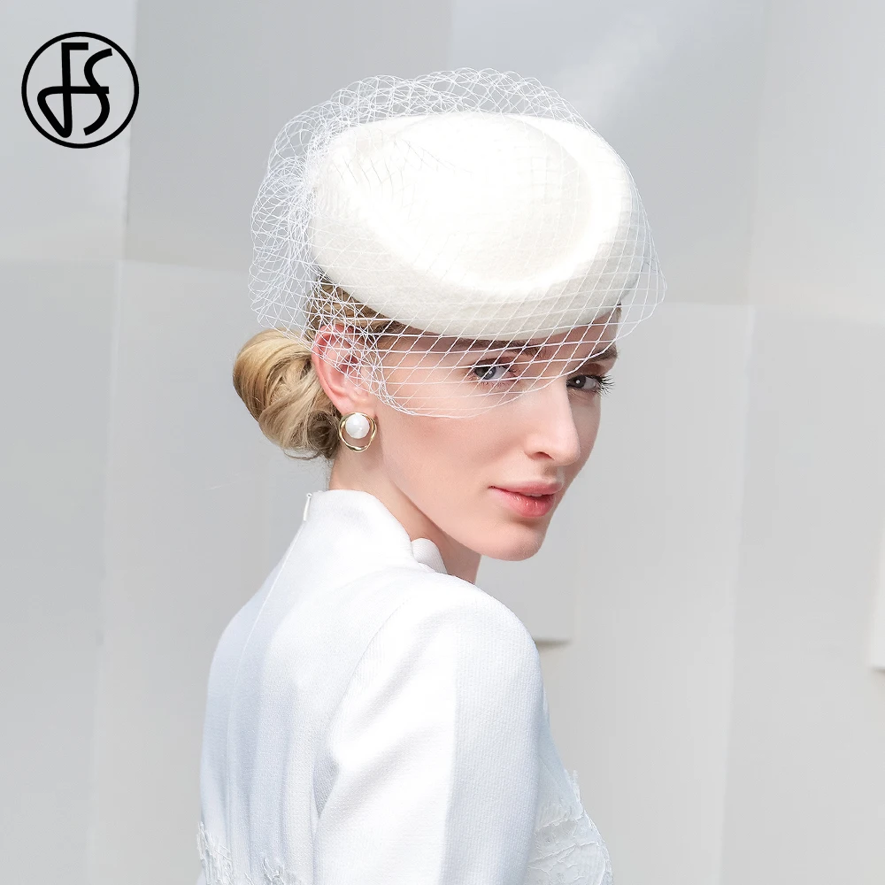 FS Berretto in feltro di lana bianca da sposa Cappelli a cilindro britannici per le donne Cappello Fedora da chiesa da donna con velo Cappello da fascinator femminile nero
