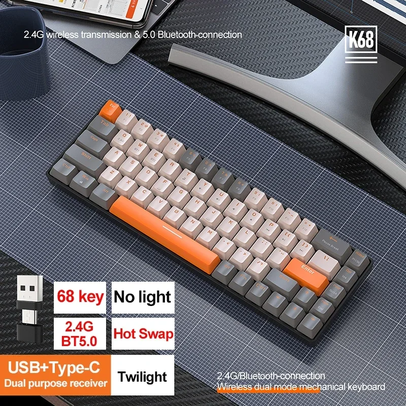 K68 2.4G/BT5.0 Tastiera meccanica da gioco wireless 68 tasti Hotswap Mini tastiera meccanica da gioco Tasti PBT 65% Tastiere