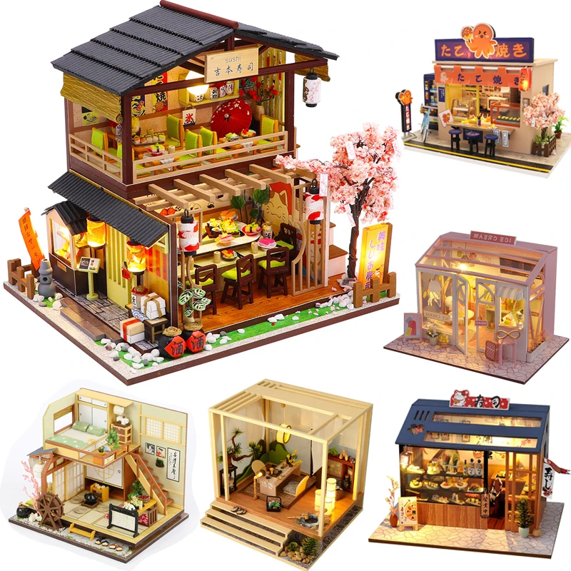 DIY Holz Puppe Haus Japanischen Casa Villa Miniatur Gebäude Kits Puppenhaus Mit Möbel Lichter Spielzeug für Mädchen Weihnachten Geschenke