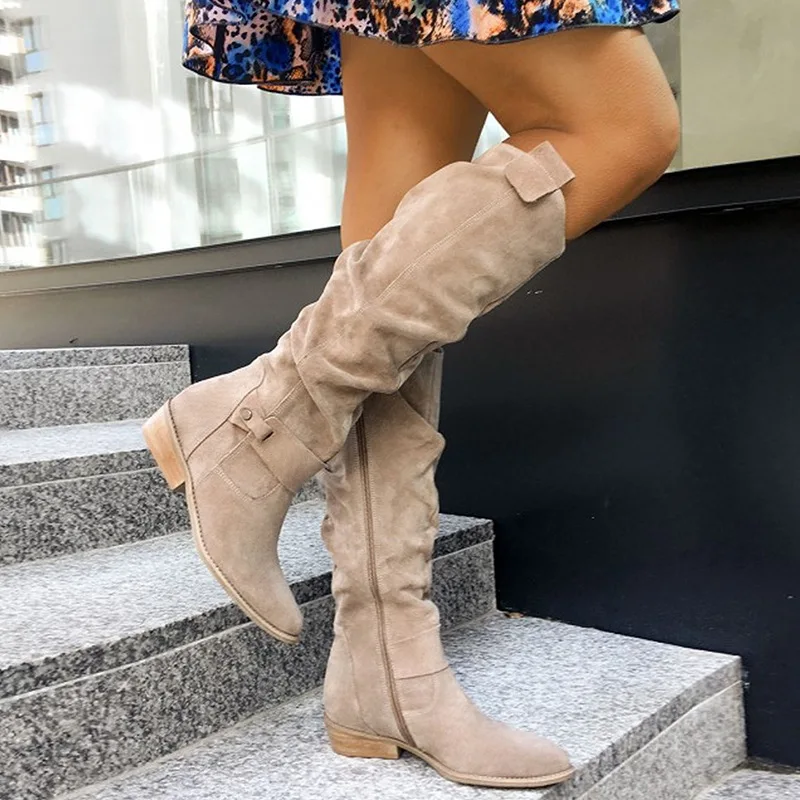 FHC Neue kniehohe Damenstiefel, Herbstschuhe mit niedrigem Absatz, lange Stiefel, runde Zehenpartie, seitlicher Reißverschluss, Schwarz, Aprikose, Braun, Armeegrün, Direktversand