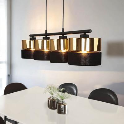 Pendelleuchte Schwarz Gold 94 cm breit 4-flammig Metall Stoff E27 Hängelampe Hängeleuchte Esstisch Image