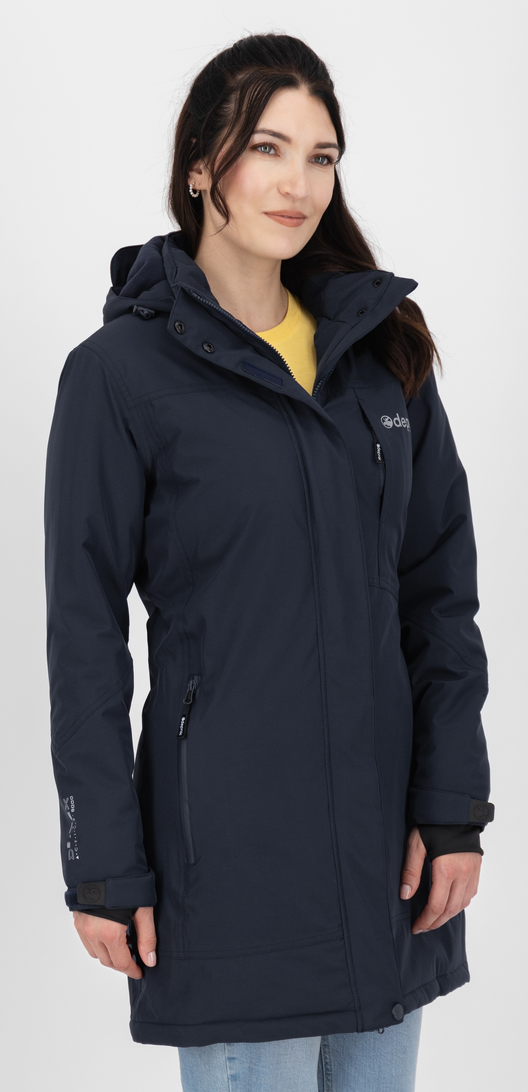 Winterjacke DEPROC ACTIVE "MONTREAL LONG WMN", Damen, Gr. 40 (M), blau (navy), 96% Polyester; 4% Elastan, Windstopperbündchen mit Daumenlöchern,mit Schneefang,mit verstellbarem Klettverschluss, Jacken Winterjacke, auch in Großen Größen erhältlich