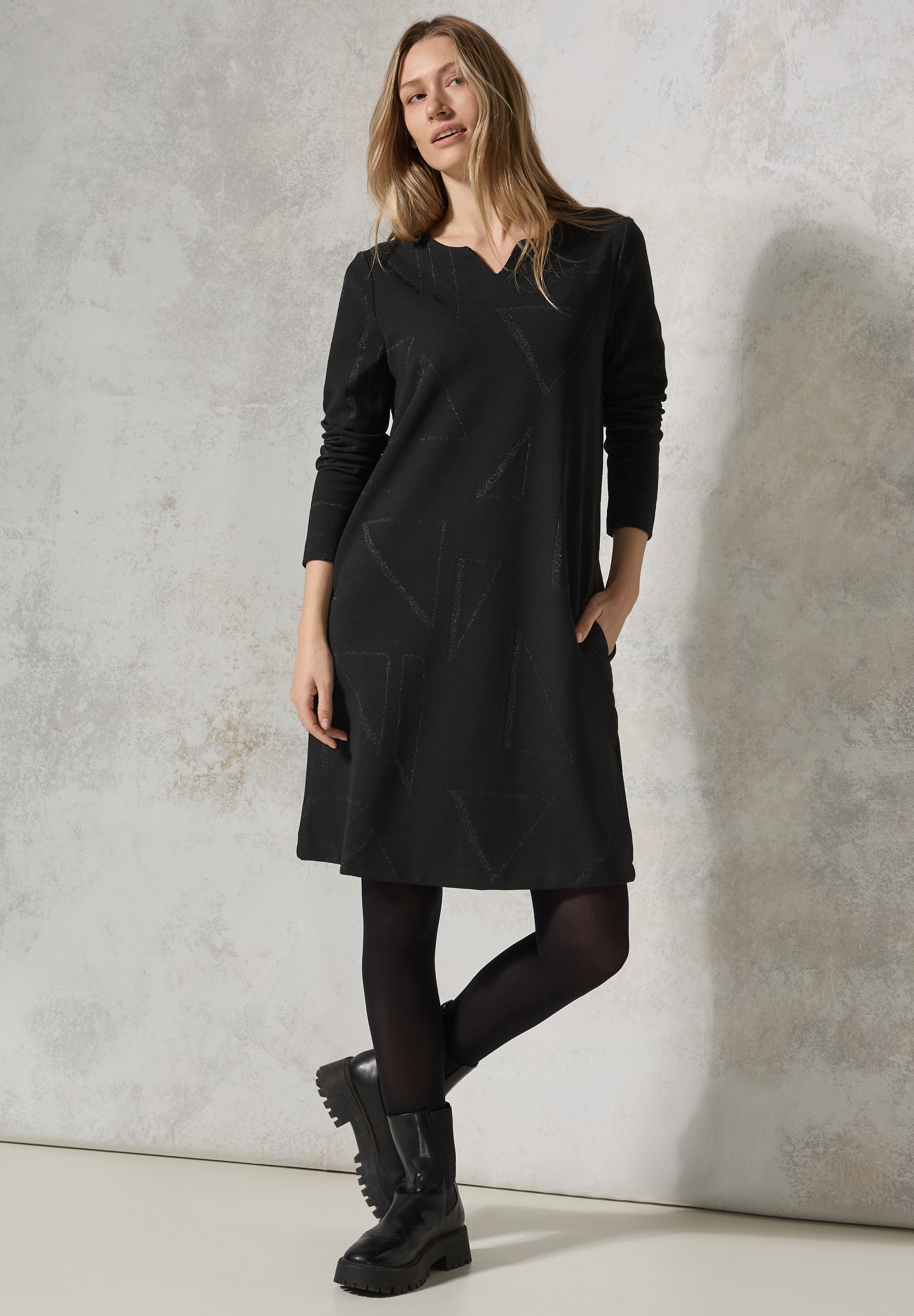 Strickkleid CECIL, Damen, Gr. XS (36), US-Größen, schwarz, Stoff, 66% Polyester, 20% Viskose, 10% metallisierte Fasern, 4% Elasthan, gemustert, normal kniefrei, Rundhals, Bündchen, Kleider Strickkleid, knielang