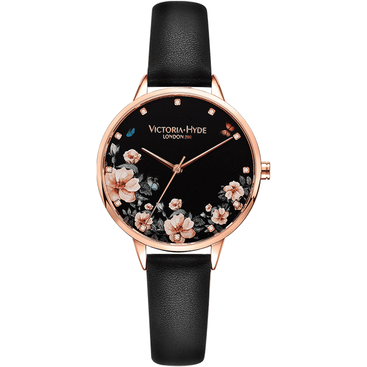 Victoria Hyde London Womens Watch Green Park Flower Leather, Black - Gold Stainless Steel - One Size